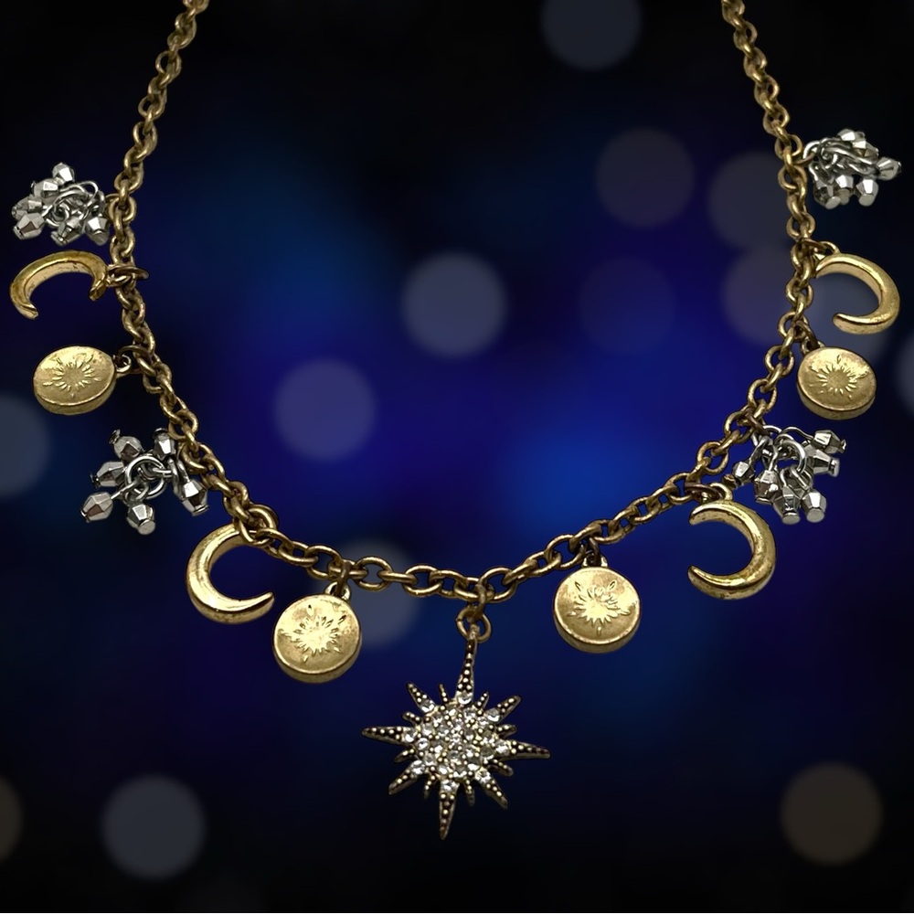 Loft Celestial Sun and Crescent Moon Charm Necklace Gold Tone With Crystals
